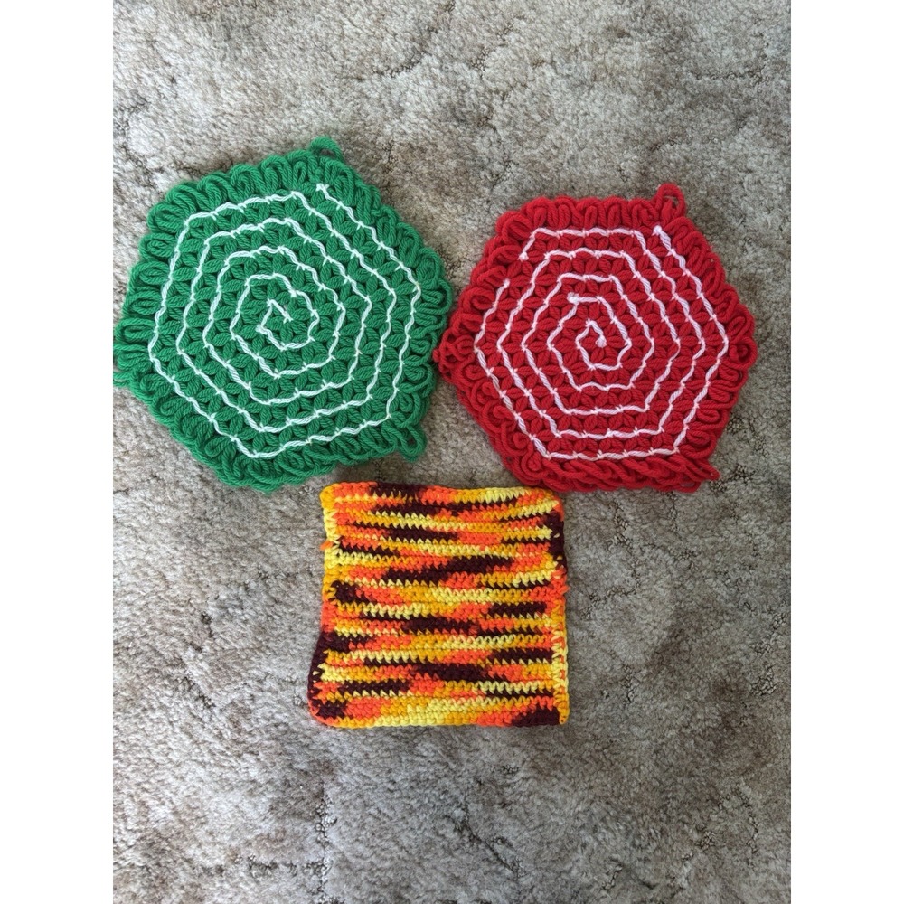 Vintage Handmade Crochet Potholders Lot of 3 Hexagon Square Hot Pads Retro